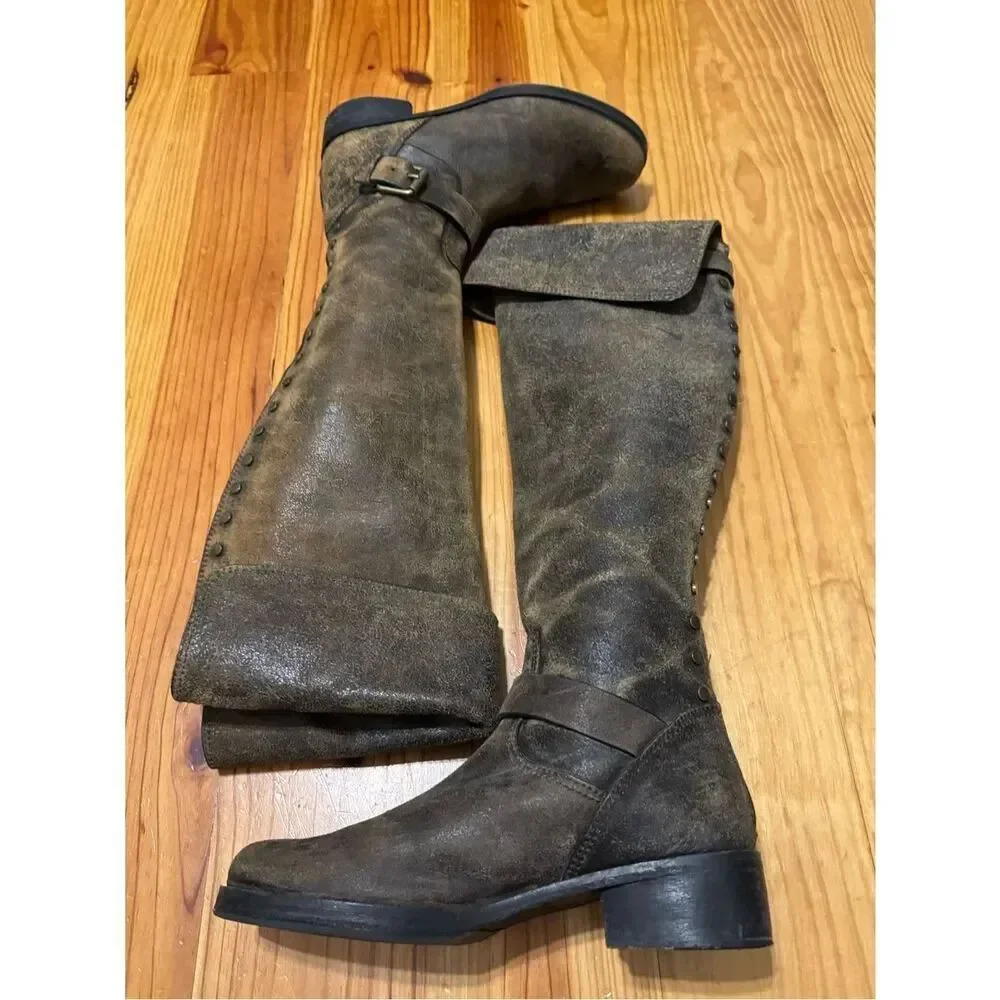 TORY BURCH Tarulli Boots Studded Riding Brown Distressed Over Knee Women’s 10M